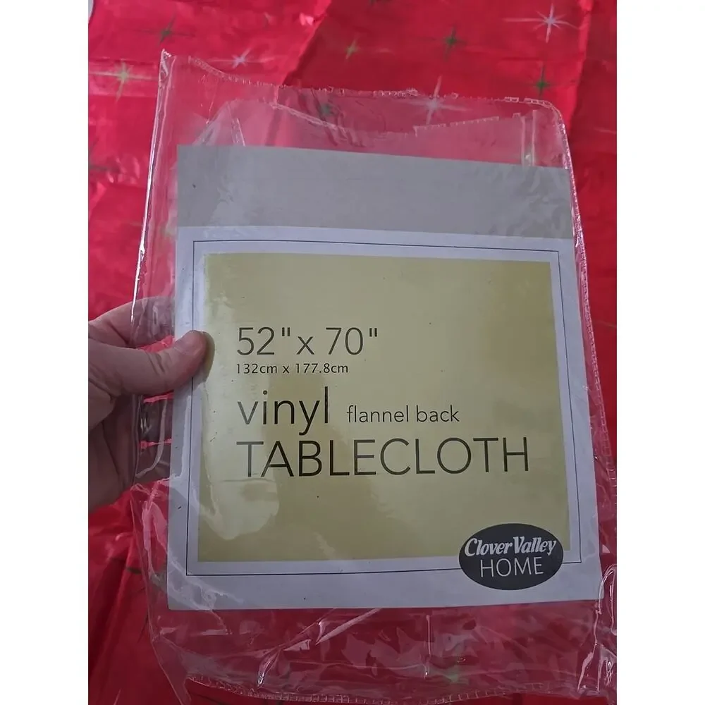 Vtg Clover Valley Home Red Starburst Vinyl‎ Flannel Back Tablecloth 52